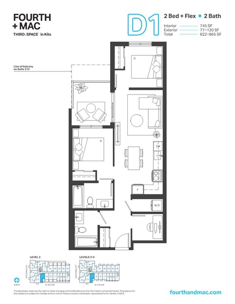 Floor plan for 2 beds, 2 baths, 745 sqft